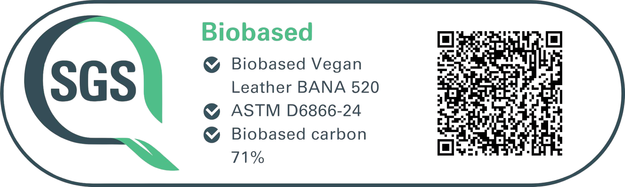 SGS Biobased certification label for Biobased Vegan Leather BANA 520, ASTM D6866-24, biobased carbon 71%