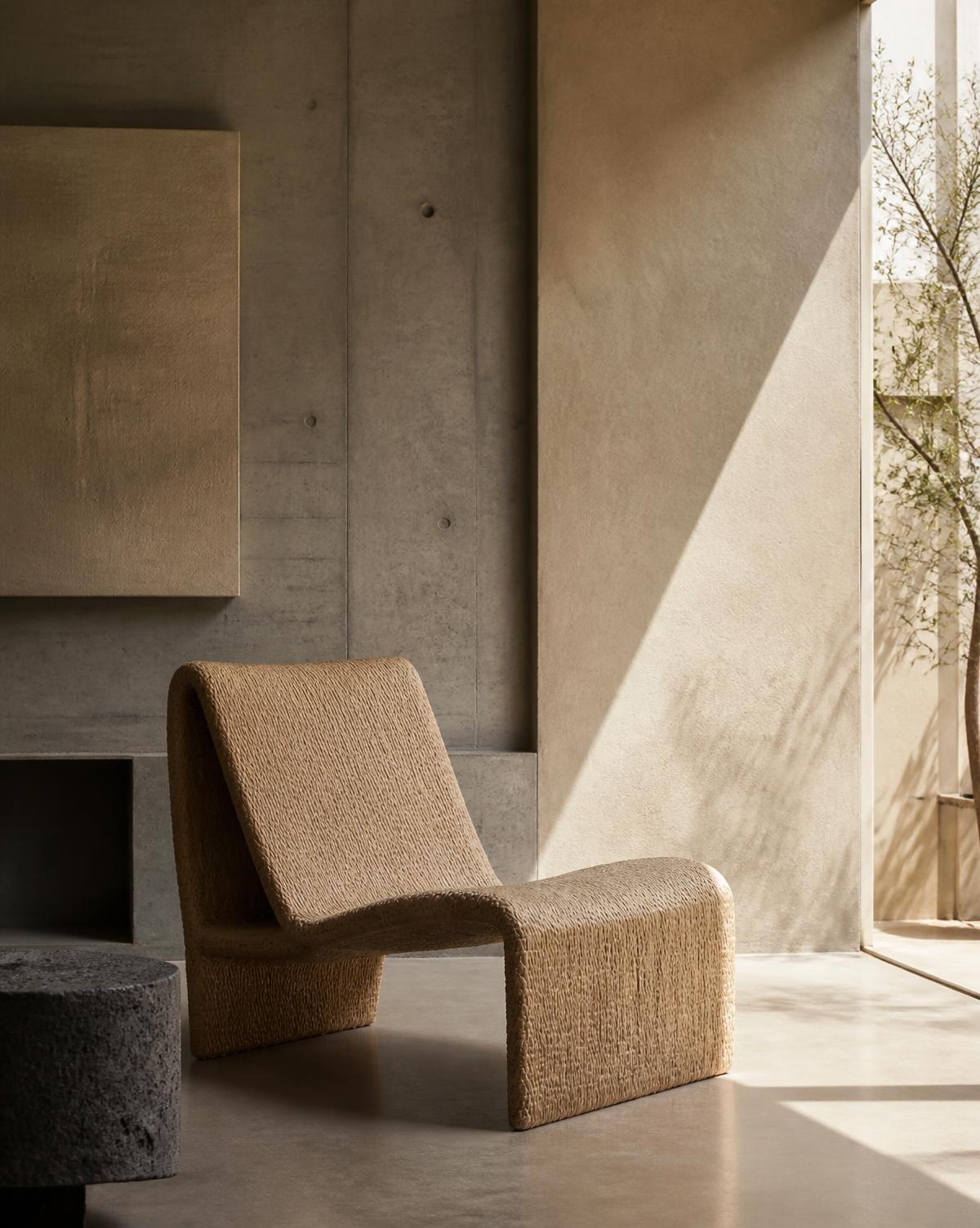 Minimal lounge chair upholstered in natural banana fibre material in a concrete interior