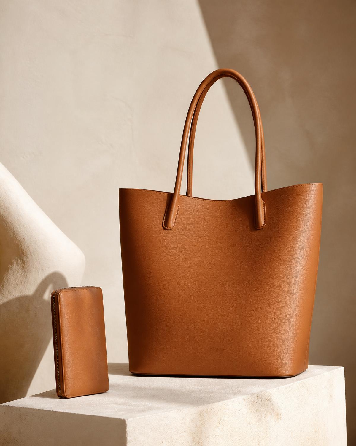 Tote bag and wallet made from plant-based leather alternative on a stone pedestal