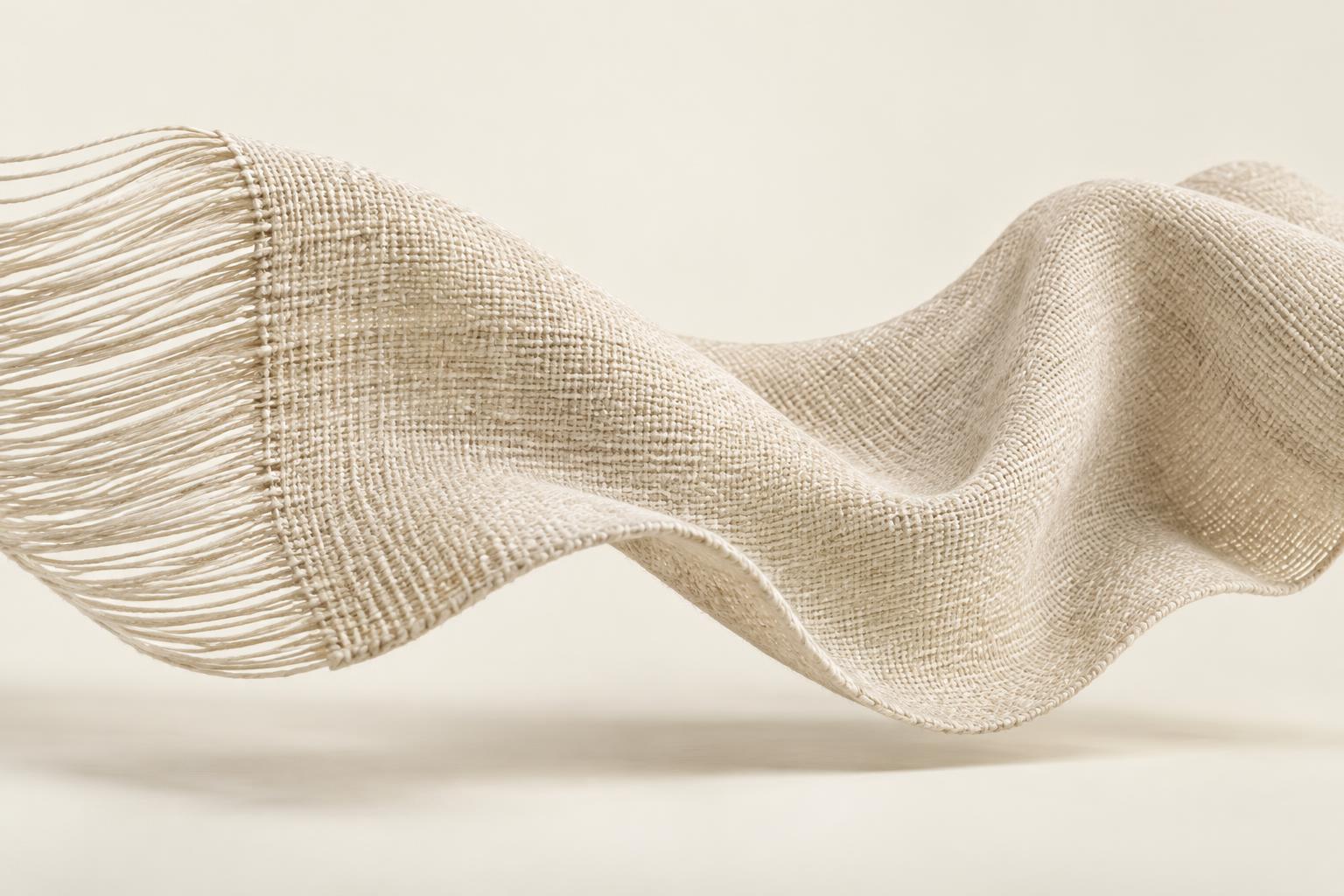 Banana yarn transitioning into a flowing woven fabric